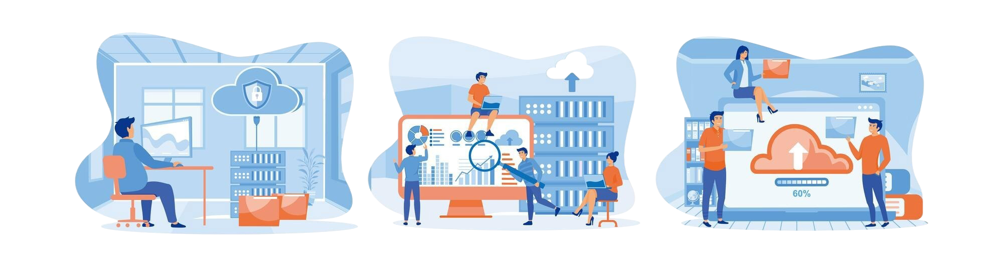 business-technology-storage-cloud-server-service-developer-team-working-dashboard-monitor-information-exchange-internet-set-flat-vector-modern-illustration
